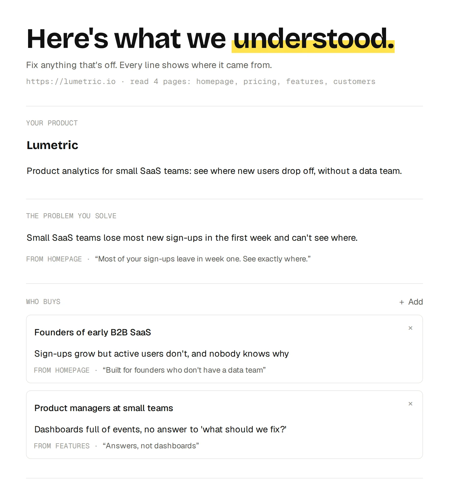 Methos's reading of a product site: the product, the problem it solves and who buys, each with the page and quote it came from