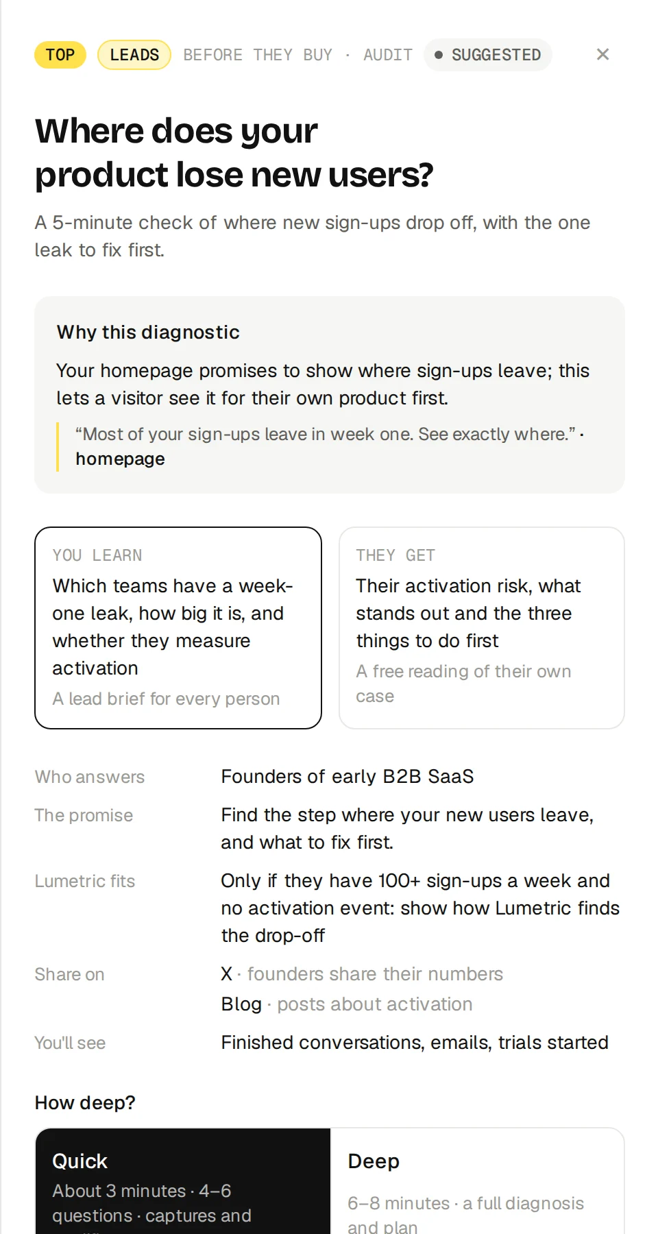 The diagnostic Methos picked: why it fits, with a quote from the homepage, what the founder learns and what visitors get