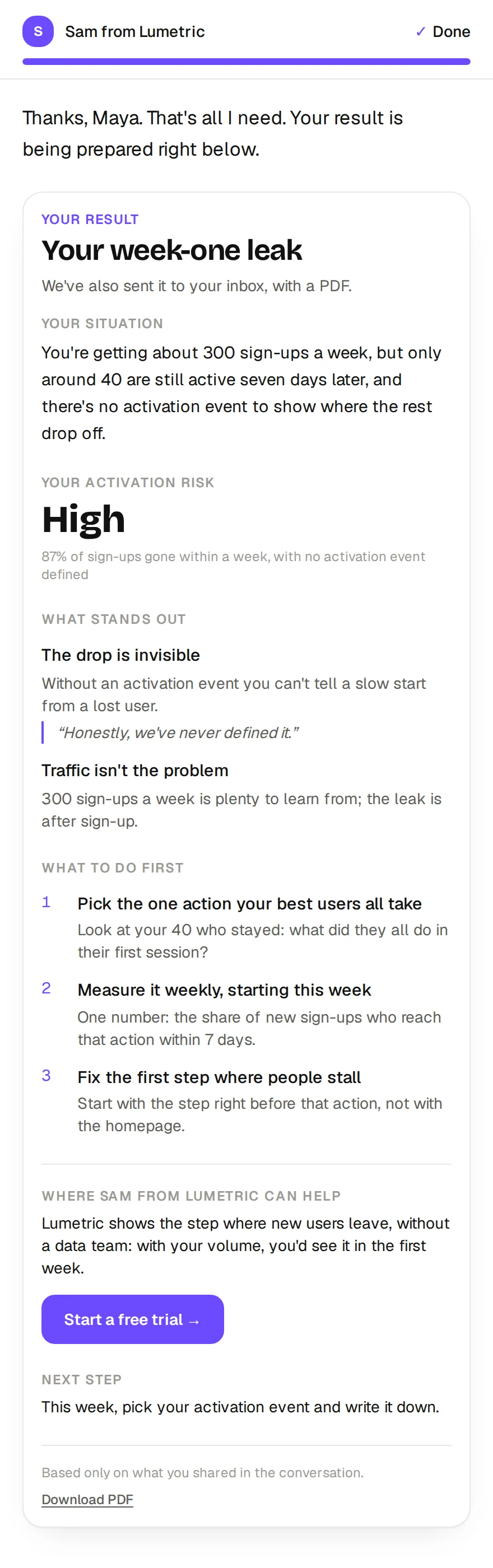 The visitor's full result, scrolling: their situation, their activation risk, what stands out, what to do first and where Lumetric can help