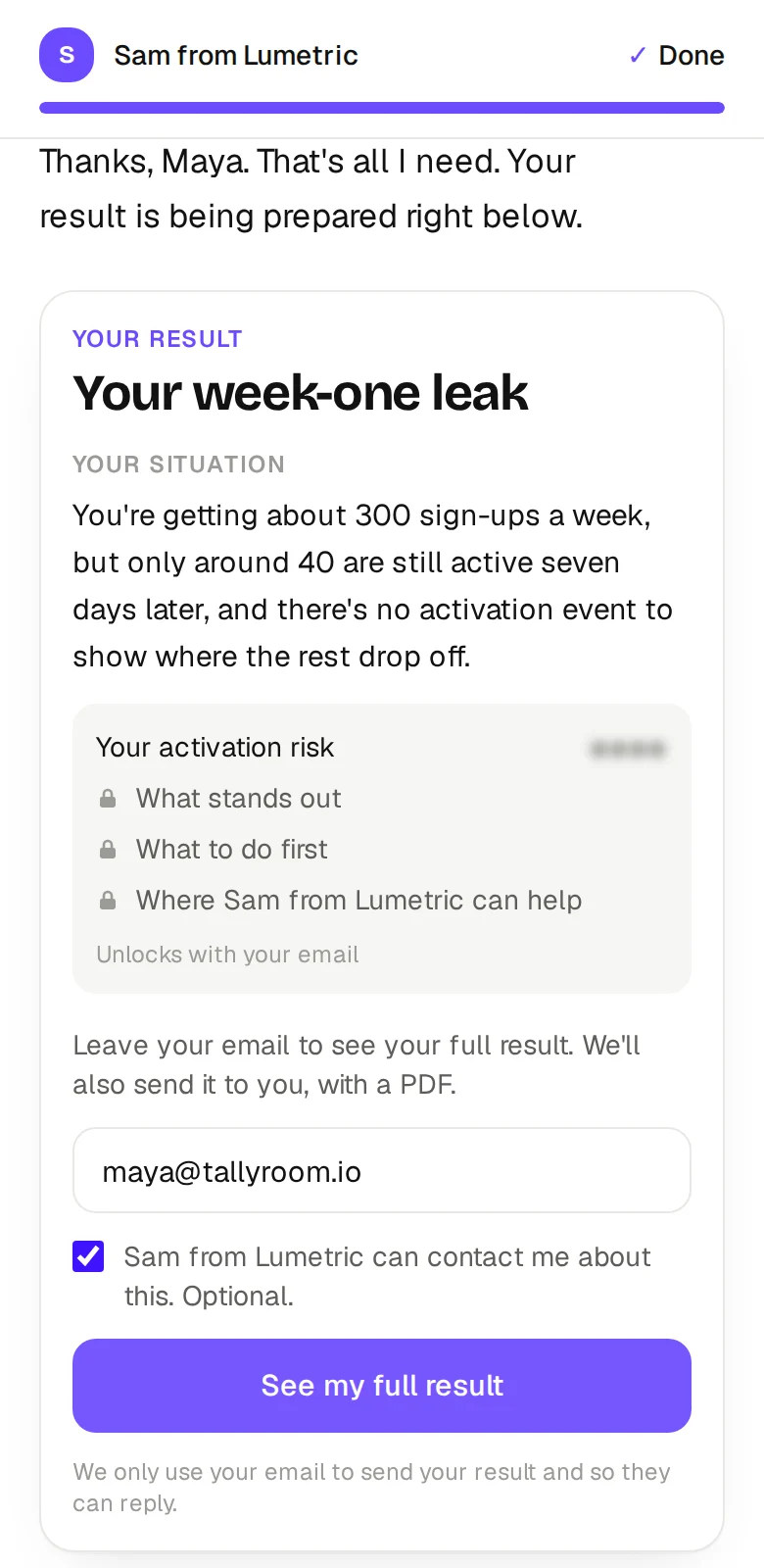 The end of a conversation on a phone: the visitor's result, with a preview of their situation and the rest unlocked with their email