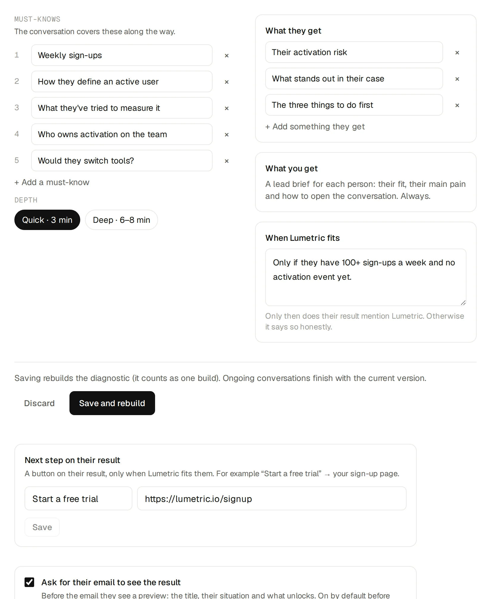 The diagnostic's setup: must-knows being edited, what people get, when Lumetric fits and the button on their result
